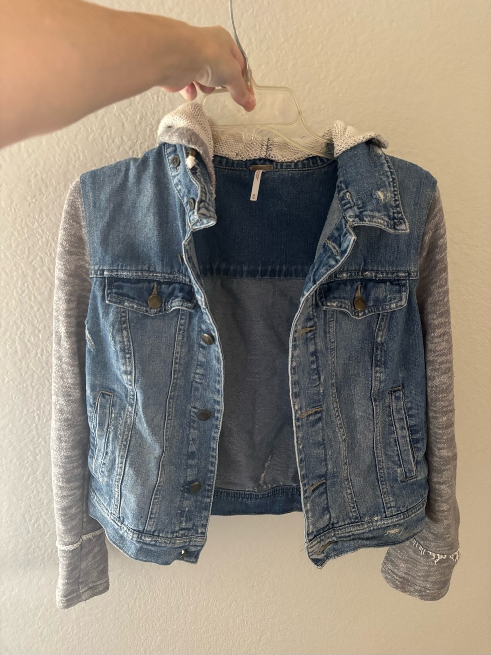 Free People Blue Denim Jacket with Gray Knit Sleeves & Hood